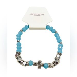 Beaded Cross Stretch Bracelet – Silver-Toned/Light Blue Accents & Rhinestone